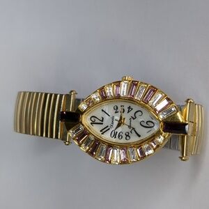 Vintage 90s Xanadu Watch Pink & Clear Crystals Gold Tone Art Deco Style Speidel